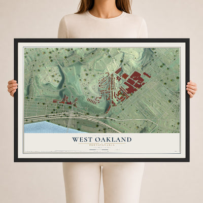 Map of West Oakland, Pennsylvania, 24 x 36 inch print in a black wood frame