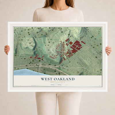 Map of West Oakland, Pennsylvania, 24 x 36 inch print in a white wood frame
