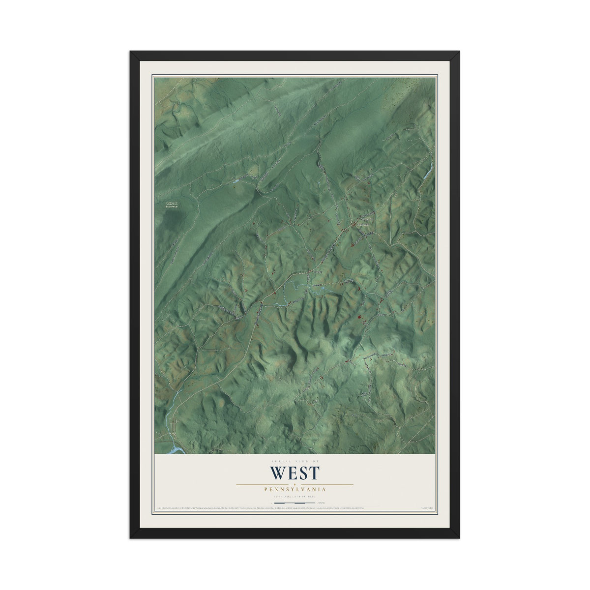 Map of West, Pennsylvania, 12 x 18 inch print in a black wood frame