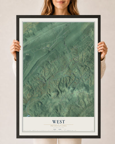 Map of West, Pennsylvania, 24 x 36 inch print in a black wood frame