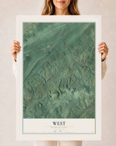 Map of West, Pennsylvania, 24 x 36 inch print in a white wood frame