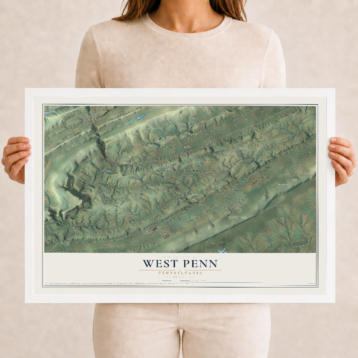 Map of West Penn, Pennsylvania, 12 x 18 inch print in a white wood frame