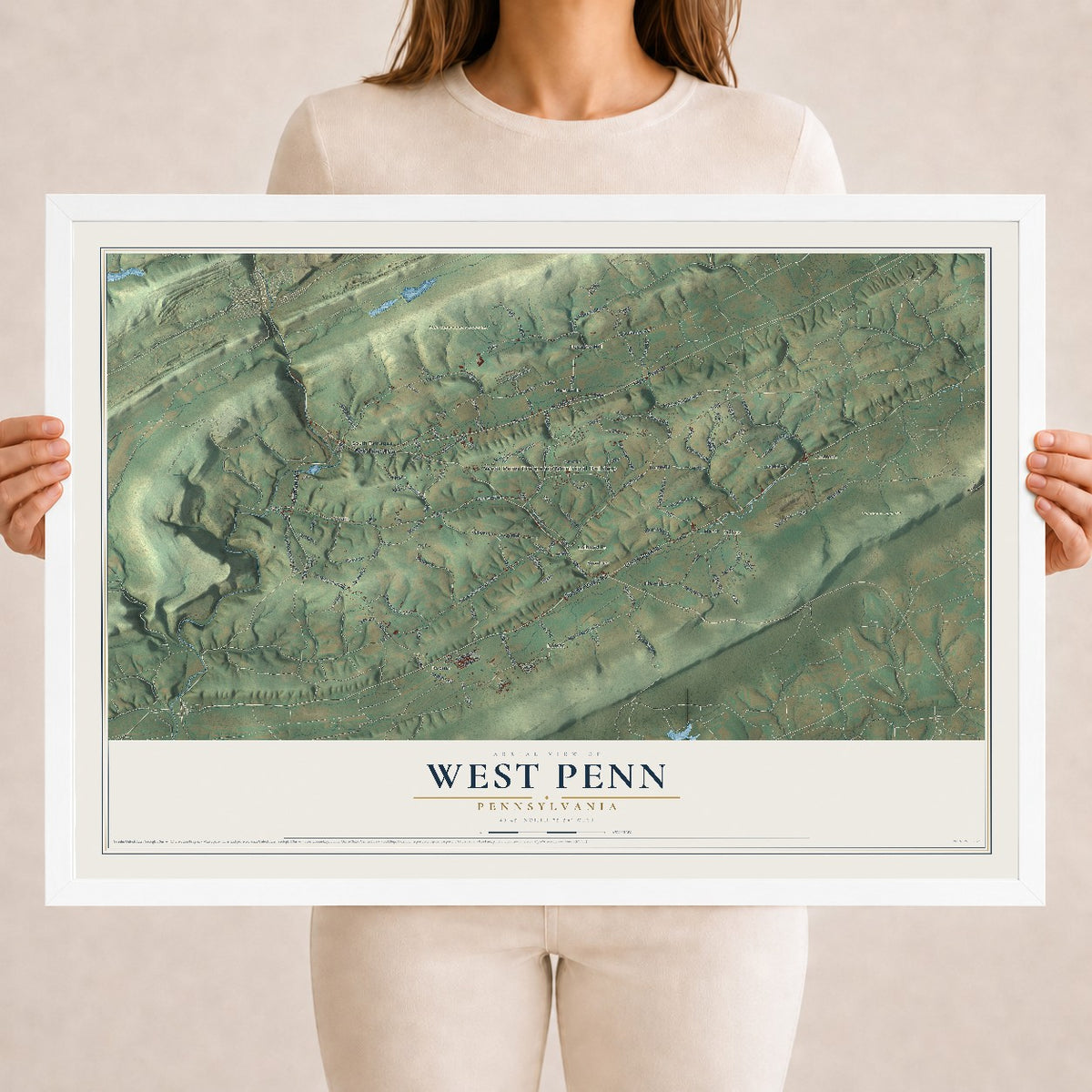 Map of West Penn, Pennsylvania, 18 x 24 inch print in a white wood frame