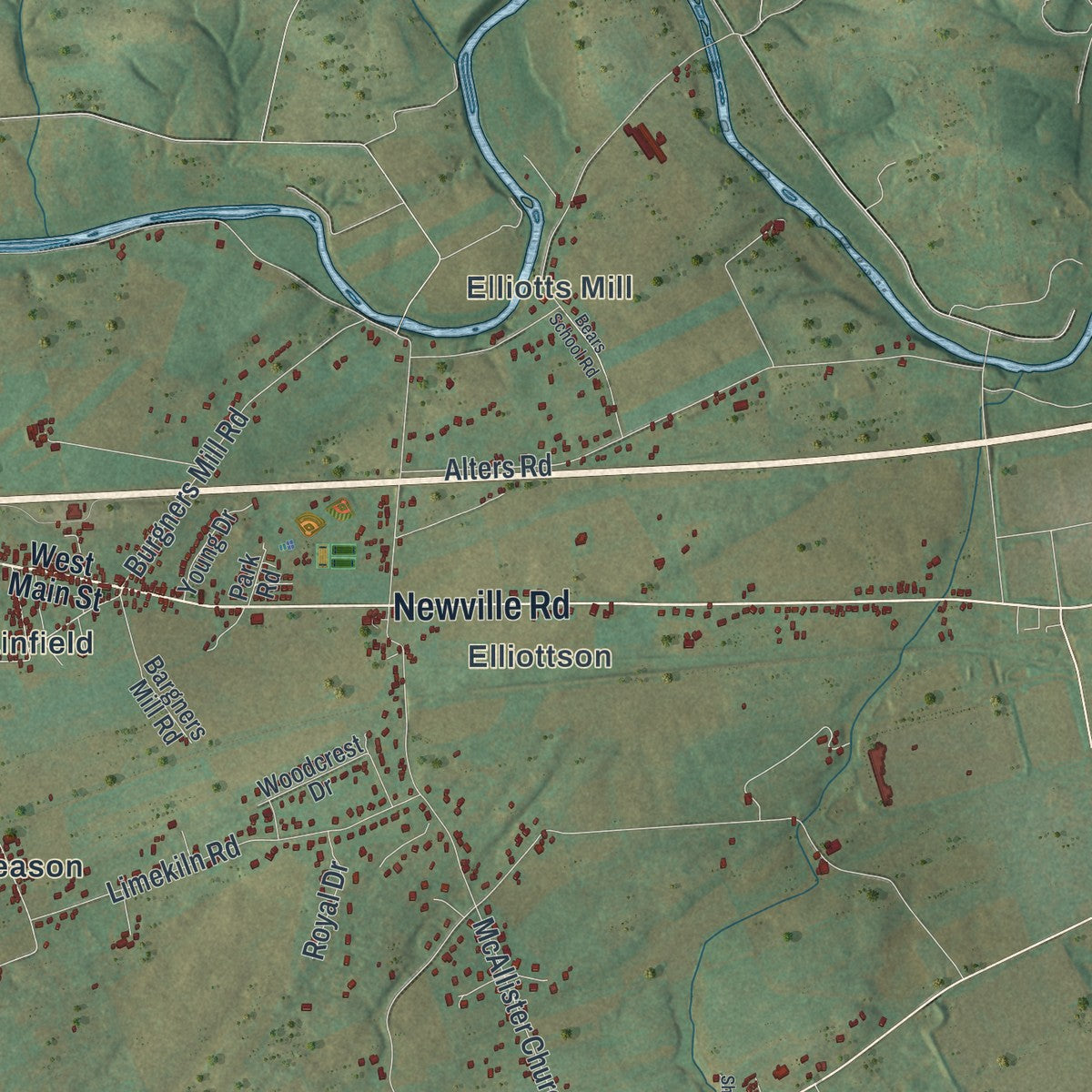 Second close-up of the map of West Pennsboro, Pennsylvania print showing more streets and buildings