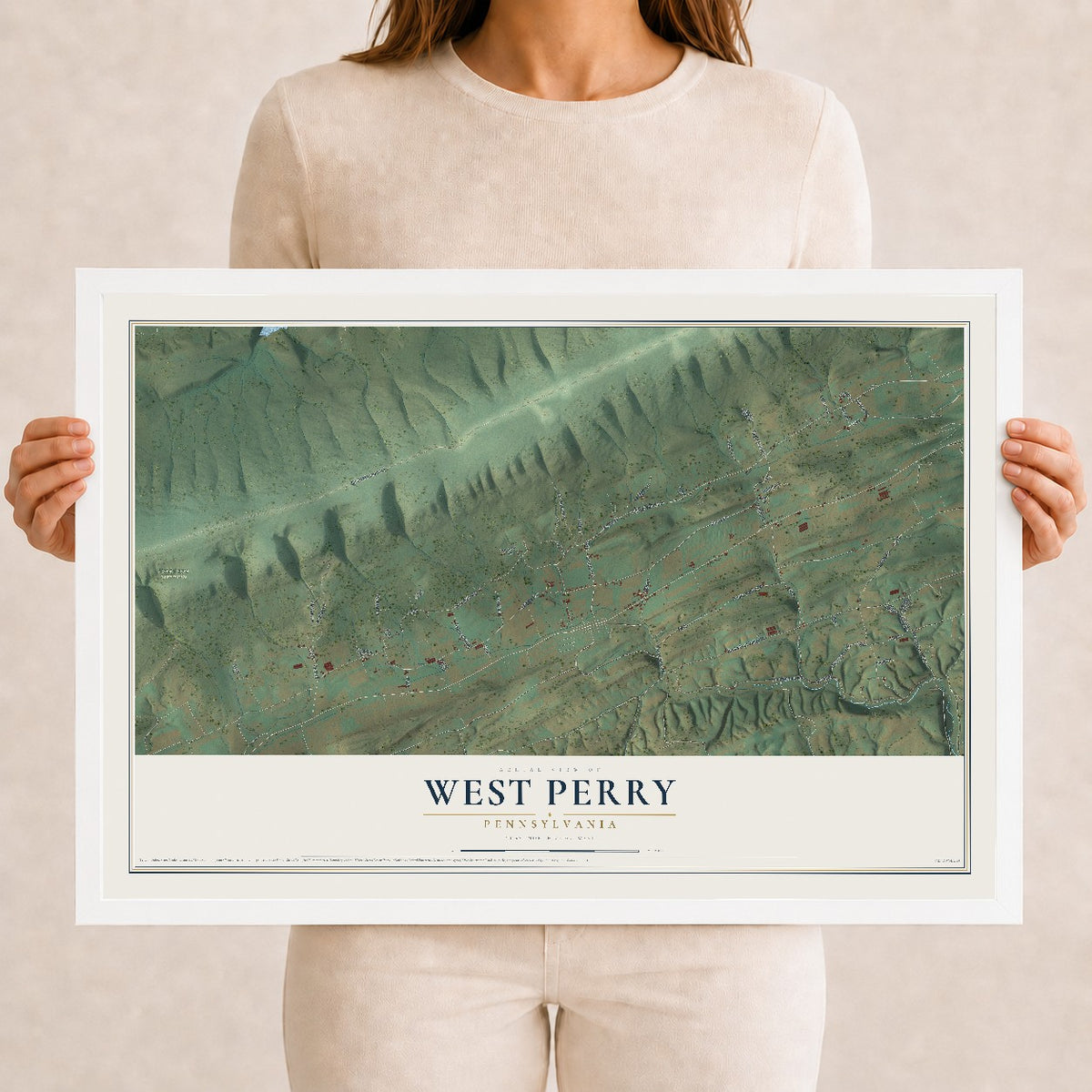 Map of West Perry, Pennsylvania, 12 x 18 inch print in a white wood frame