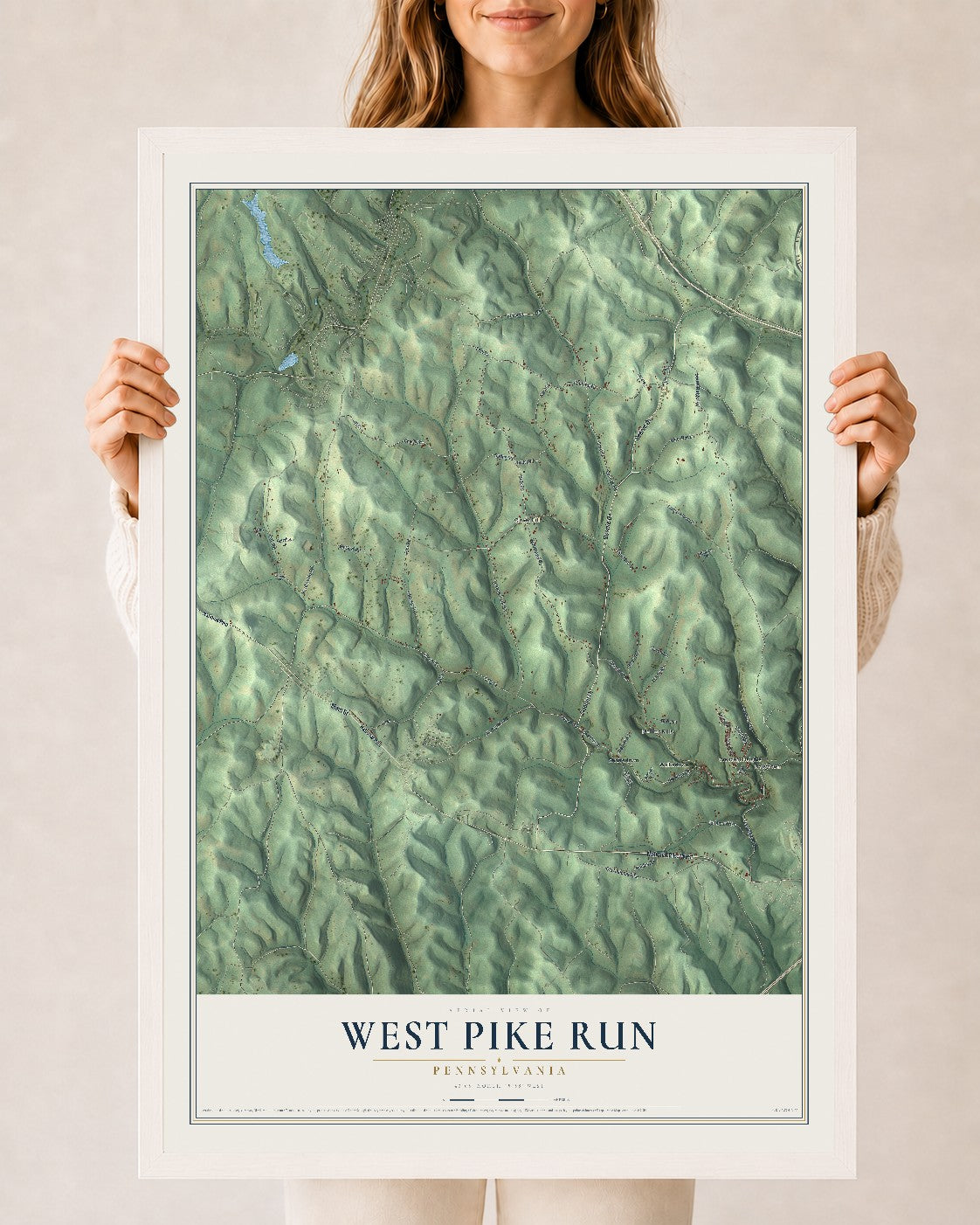 Map of West Pike Run, Pennsylvania, 24 x 36 inch print in a white wood frame