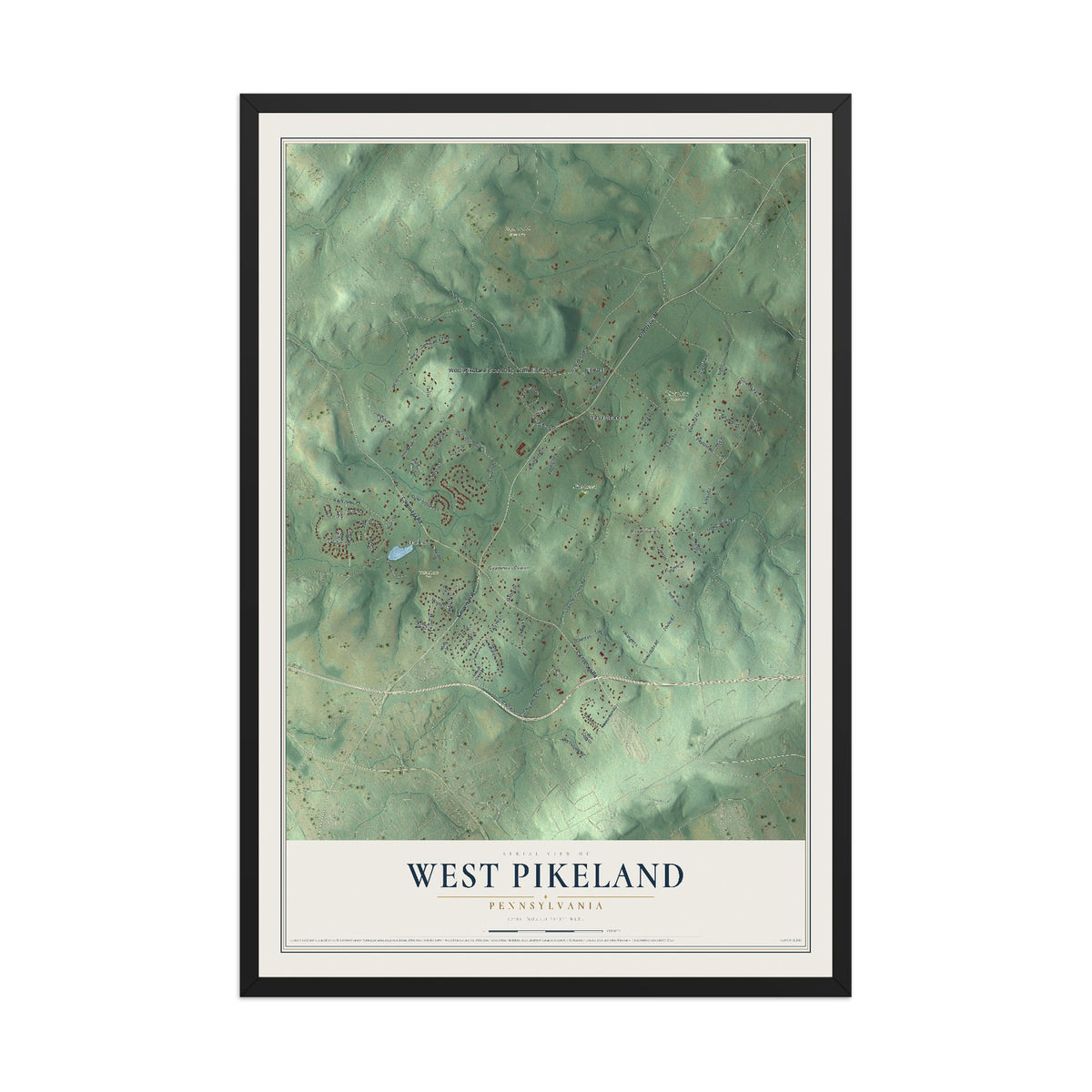 Map of West Pikeland, Pennsylvania, 12 x 18 inch print in a black wood frame