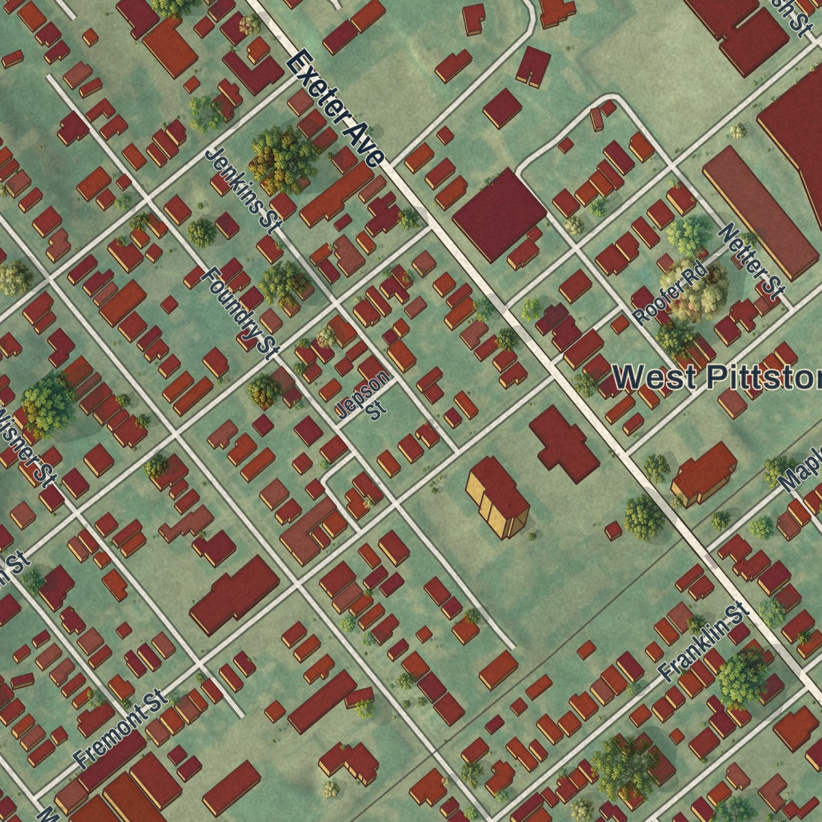 Second close-up of the map of West Pittston, Pennsylvania print showing more streets and buildings