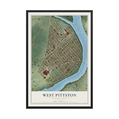 Map of West Pittston, Pennsylvania, 12 x 18 inch print in a black wood frame