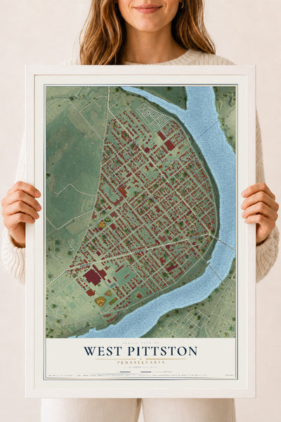Map of West Pittston, Pennsylvania, 18 x 24 inch print in a white wood frame