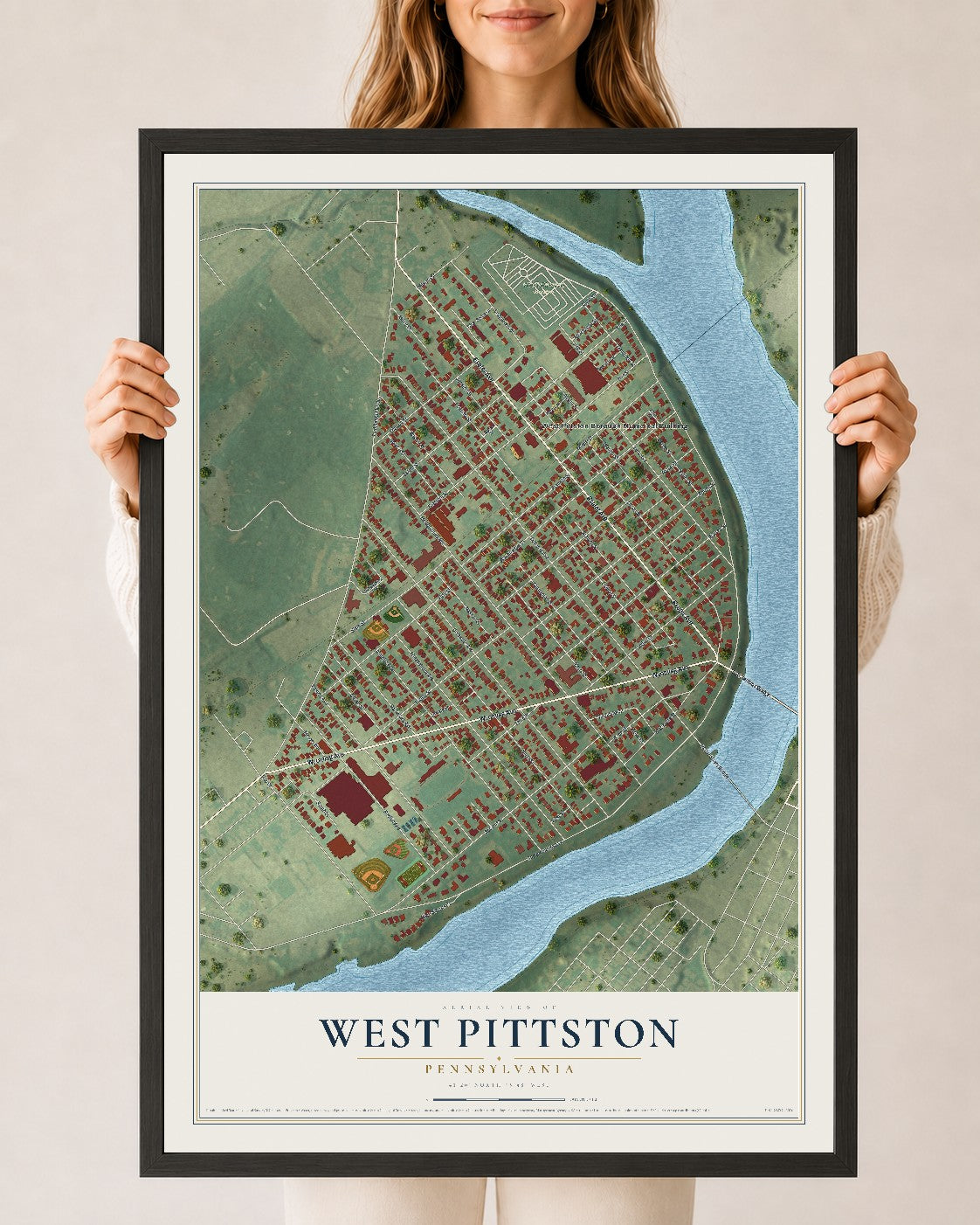 Map of West Pittston, Pennsylvania, 24 x 36 inch print in a black wood frame