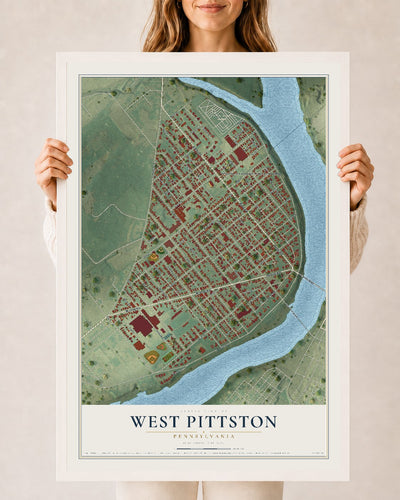 Map of West Pittston, Pennsylvania, 24 x 36 inch print in a white wood frame