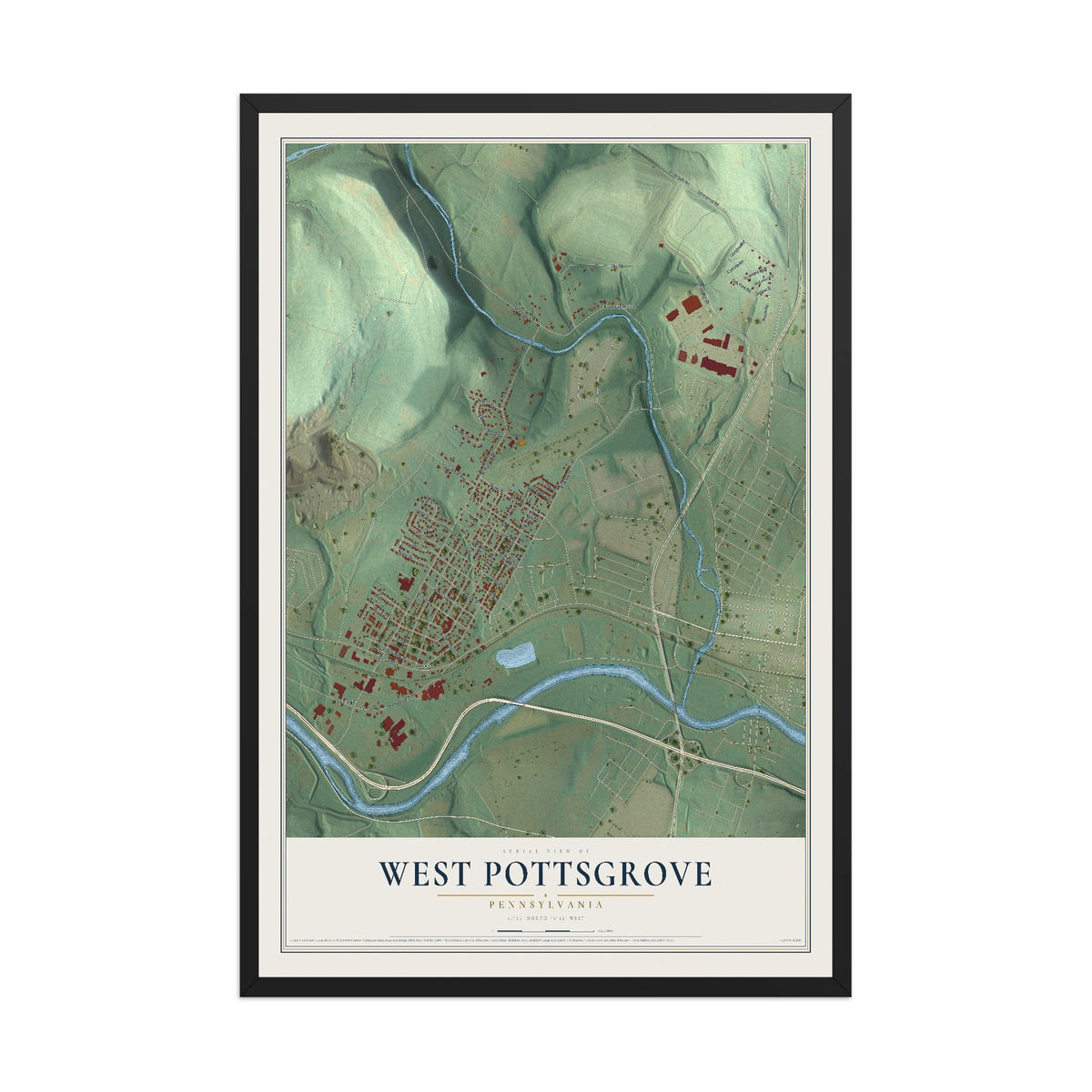 Map of West Pottsgrove, Pennsylvania, 12 x 18 inch print in a black wood frame
