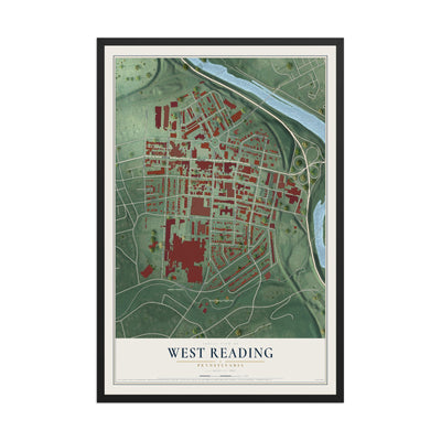 Map of West Reading, Pennsylvania, 12 x 18 inch print in a black wood frame
