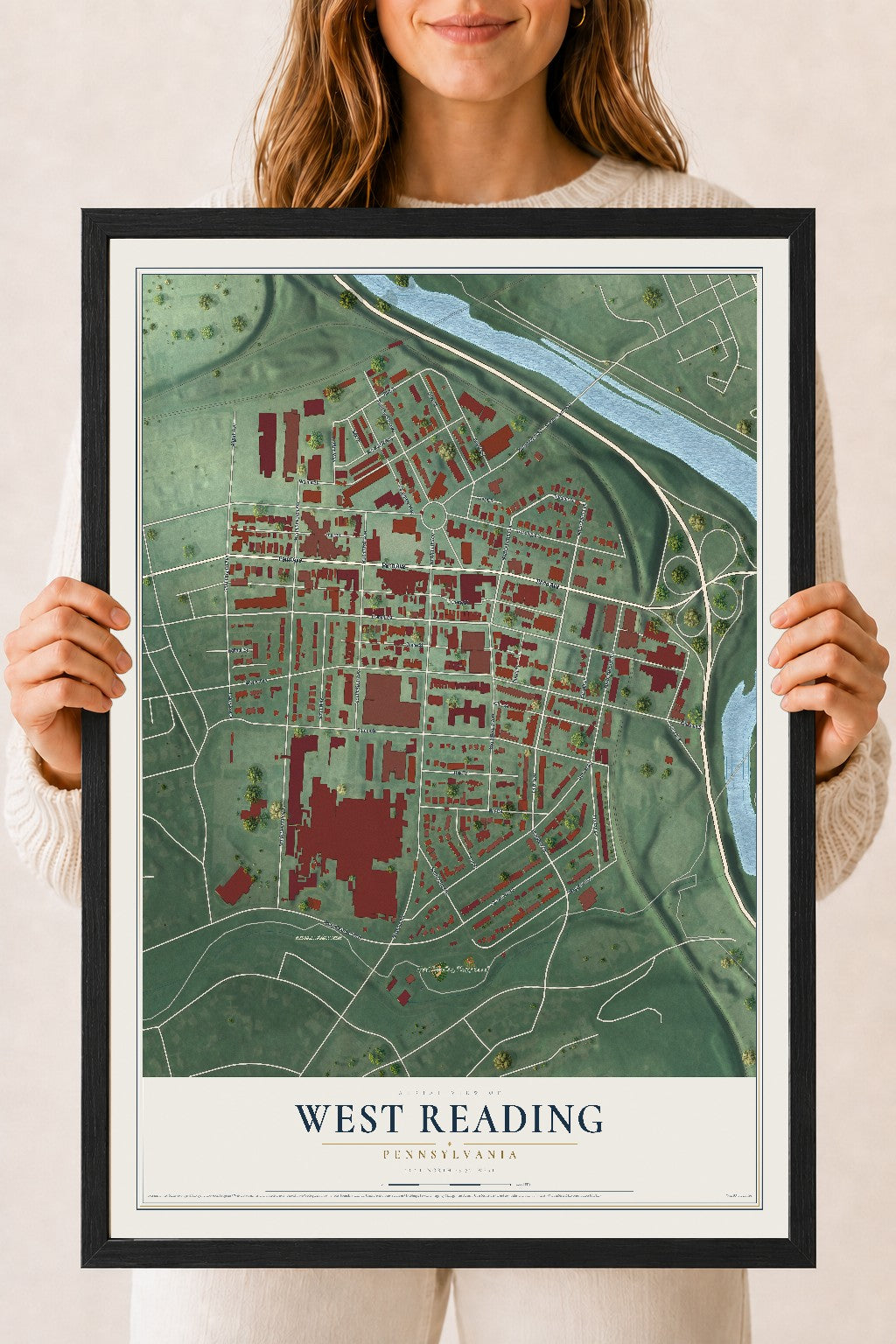 Map of West Reading, Pennsylvania, 18 x 24 inch print in a black wood frame