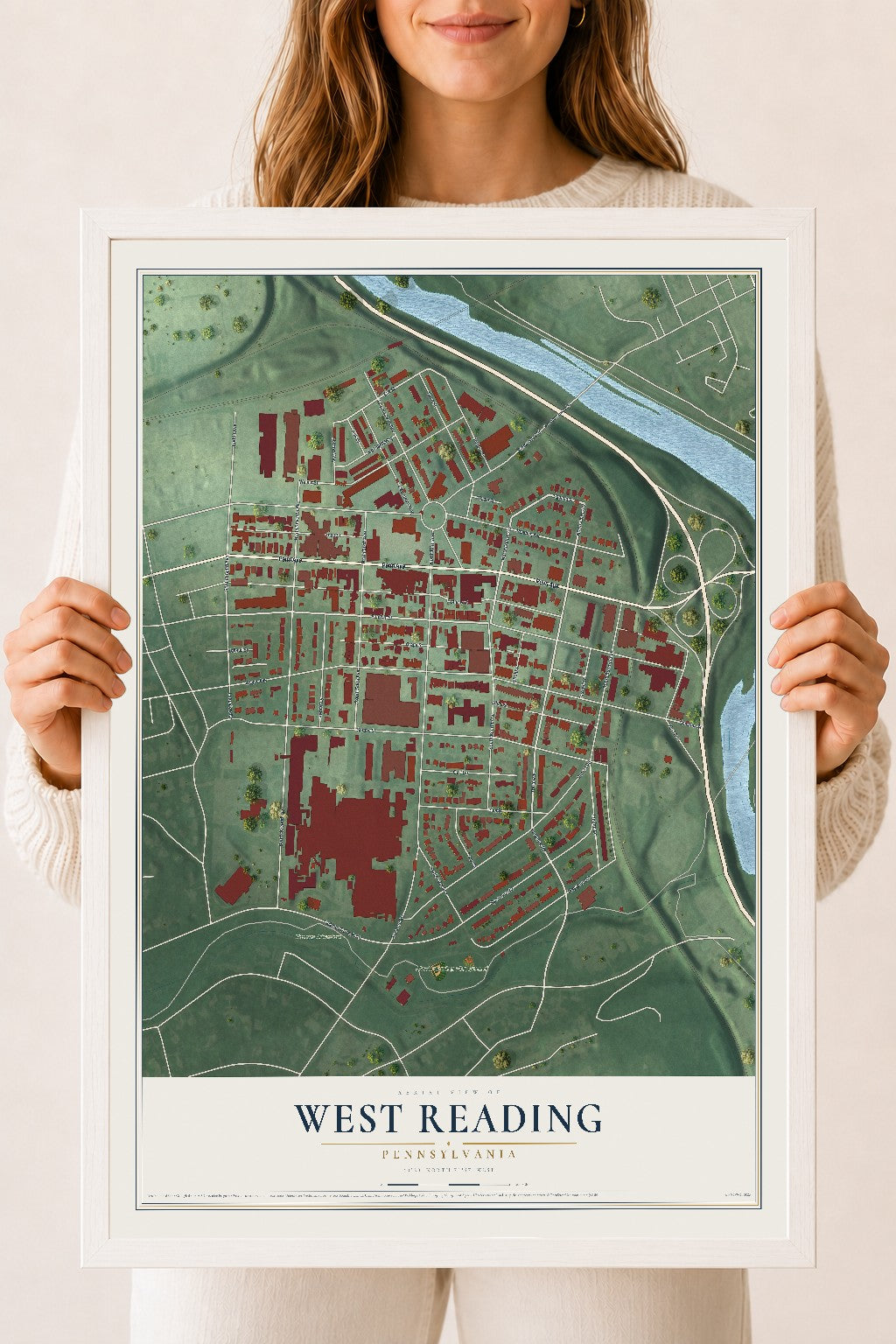 Map of West Reading, Pennsylvania, 18 x 24 inch print in a white wood frame