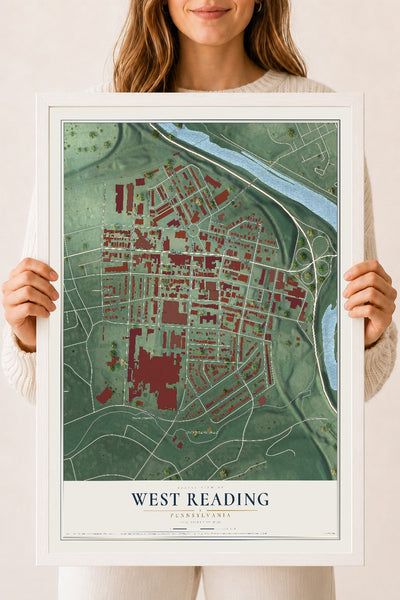Map of West Reading, Pennsylvania, 18 x 24 inch print in a white wood frame