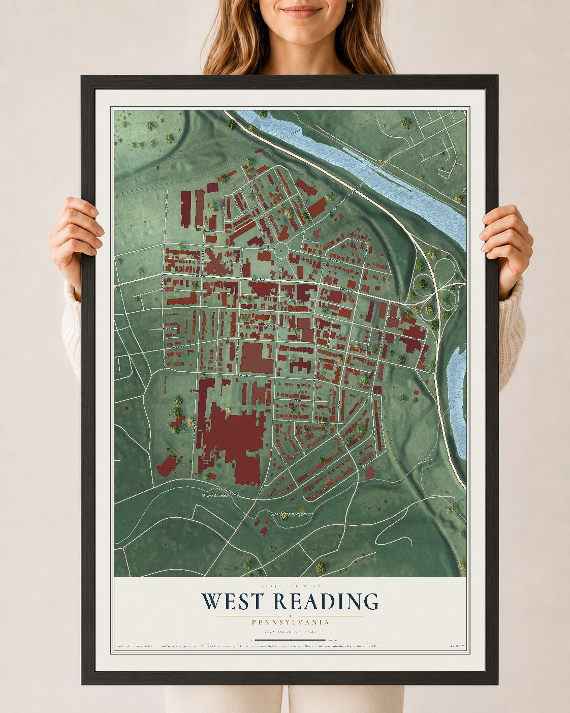 Map of West Reading, Pennsylvania, 24 x 36 inch print in a black wood frame
