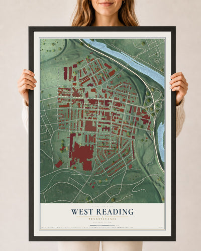Map of West Reading, Pennsylvania, 24 x 36 inch print in a black wood frame