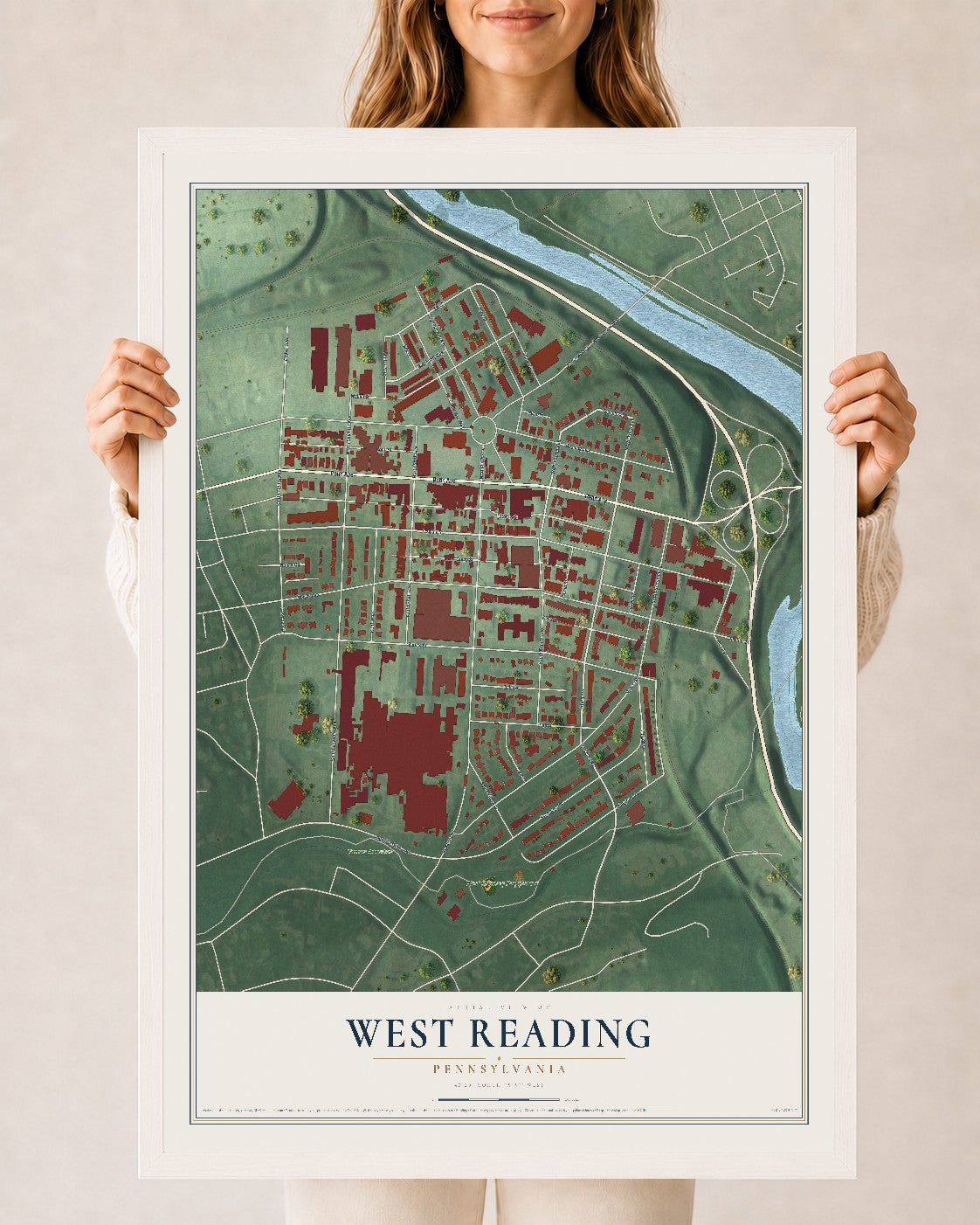Map of West Reading, Pennsylvania, 24 x 36 inch print in a white wood frame