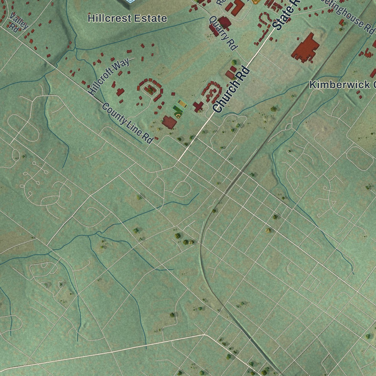 Second close-up of the map of West Rockhill, Pennsylvania print showing more streets and buildings