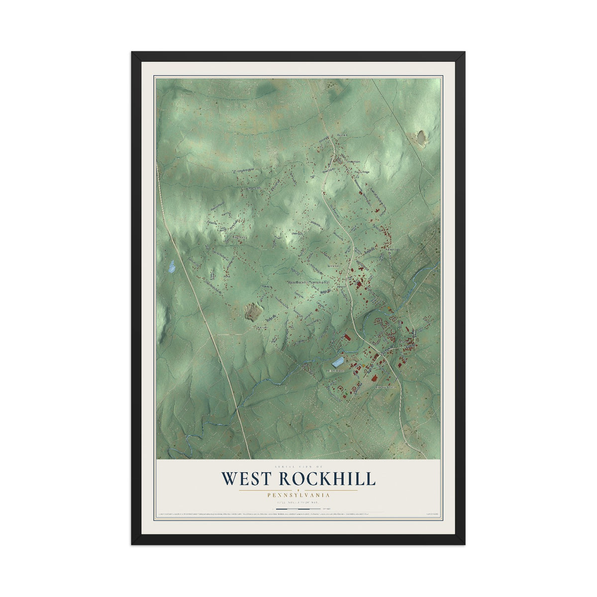 Map of West Rockhill, Pennsylvania, 12 x 18 inch print in a black wood frame