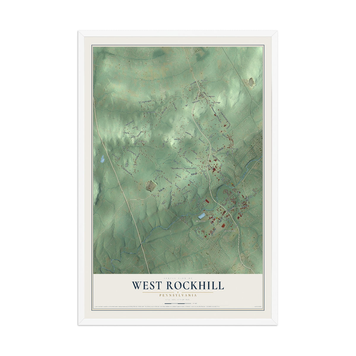 Map of West Rockhill, Pennsylvania, 12 x 18 inch print in a white wood frame