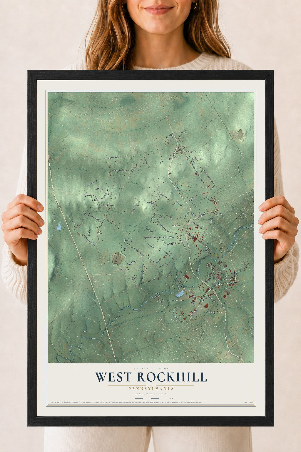 Map of West Rockhill, Pennsylvania, 18 x 24 inch print in a black wood frame