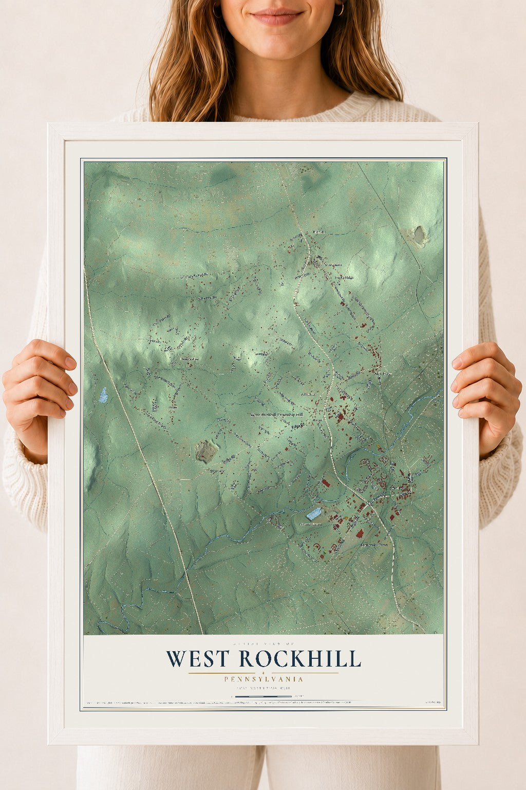 Map of West Rockhill, Pennsylvania, 18 x 24 inch print in a white wood frame