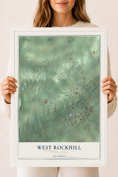 Map of West Rockhill, Pennsylvania, 18 x 24 inch print in a white wood frame