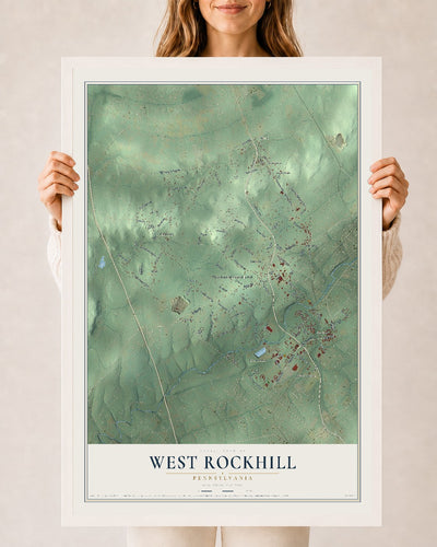 Map of West Rockhill, Pennsylvania, 24 x 36 inch print in a white wood frame