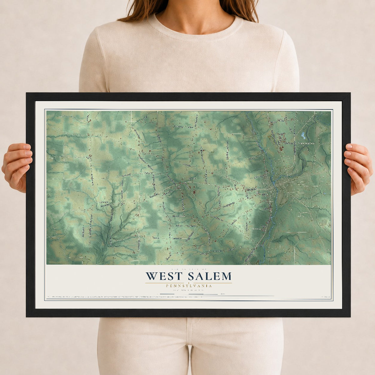 Map of West Salem, Pennsylvania, 12 x 18 inch print in a black wood frame