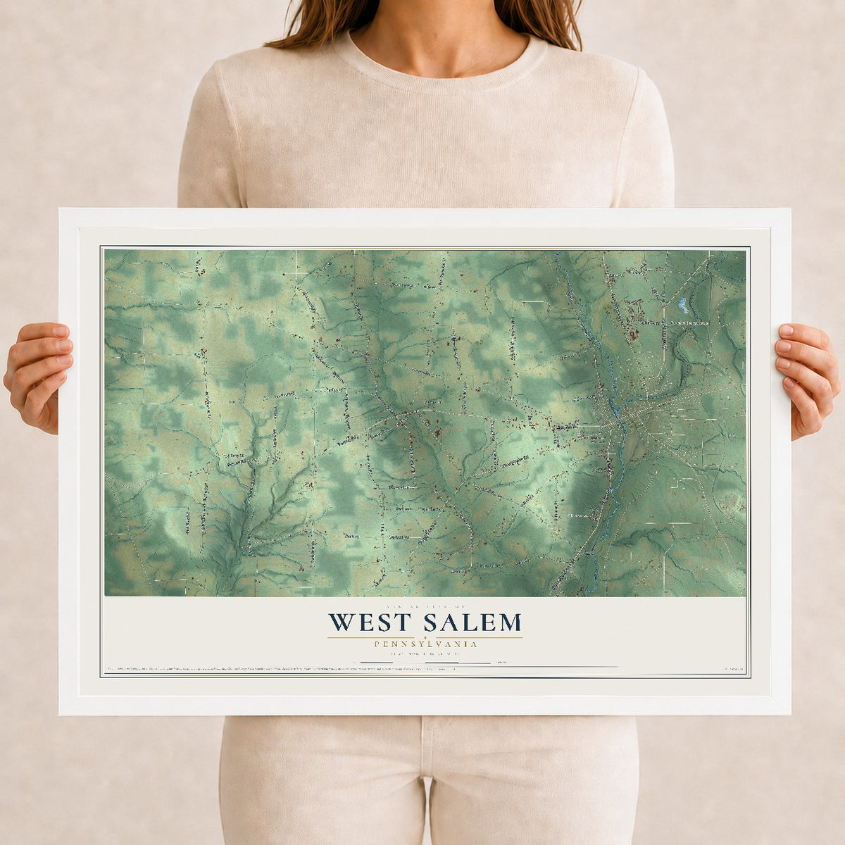 Map of West Salem, Pennsylvania, 12 x 18 inch print in a white wood frame