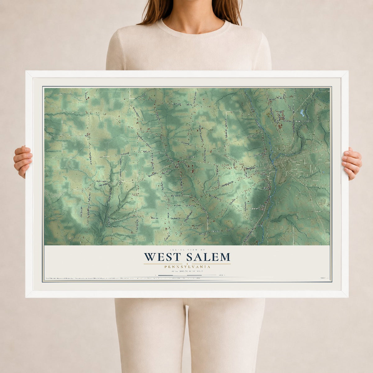 Map of West Salem, Pennsylvania, 24 x 36 inch print in a white wood frame