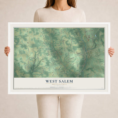 Map of West Salem, Pennsylvania, 24 x 36 inch print in a white wood frame