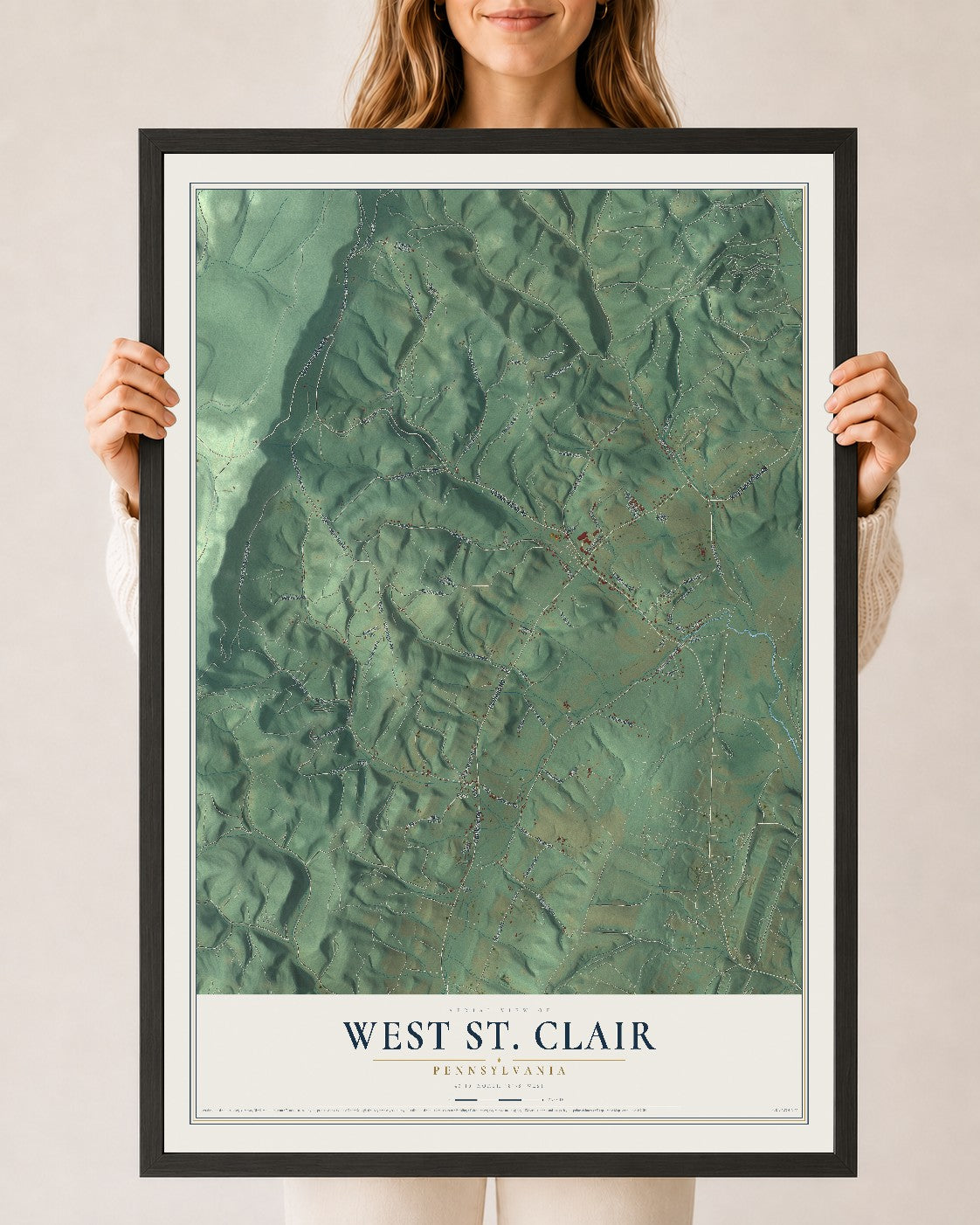 Map of West St. Clair, Pennsylvania, 24 x 36 inch print in a black wood frame