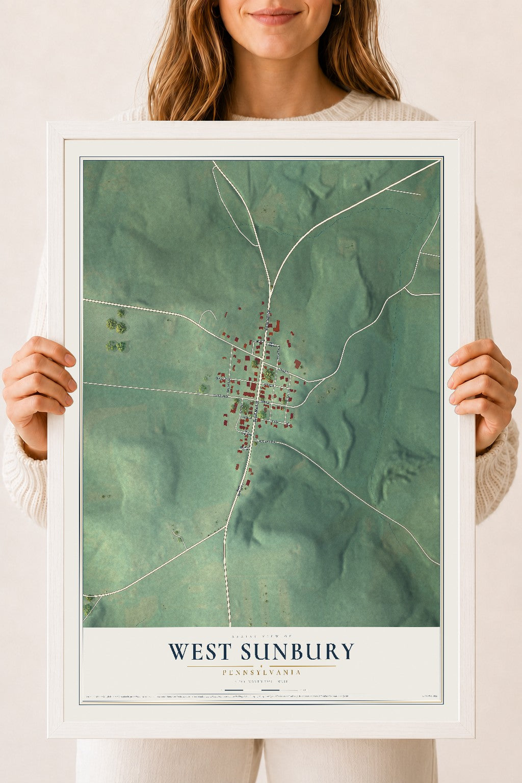 Map of West Sunbury, Pennsylvania, 18 x 24 inch print in a white wood frame