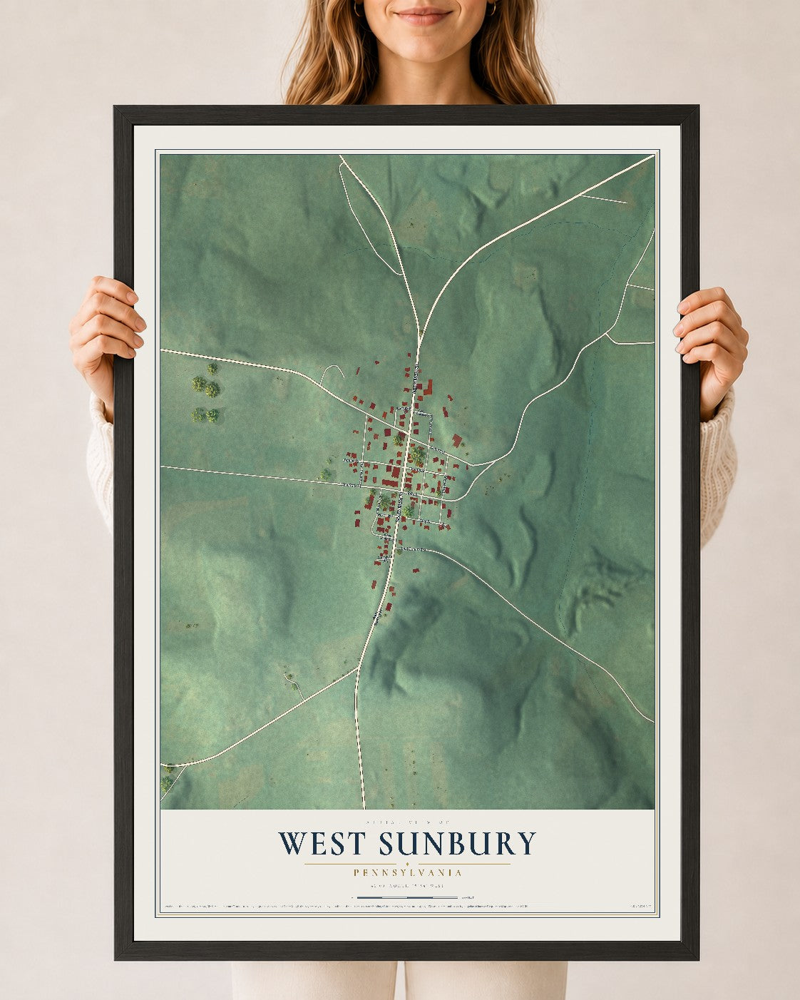 Map of West Sunbury, Pennsylvania, 24 x 36 inch print in a black wood frame