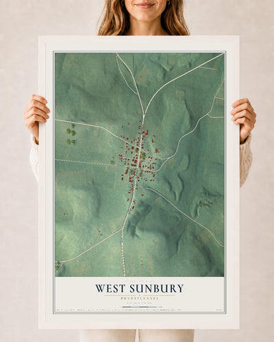Map of West Sunbury, Pennsylvania, 24 x 36 inch print in a white wood frame