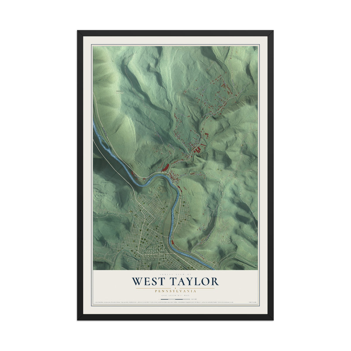 Map of West Taylor, Pennsylvania, 12 x 18 inch print in a black wood frame