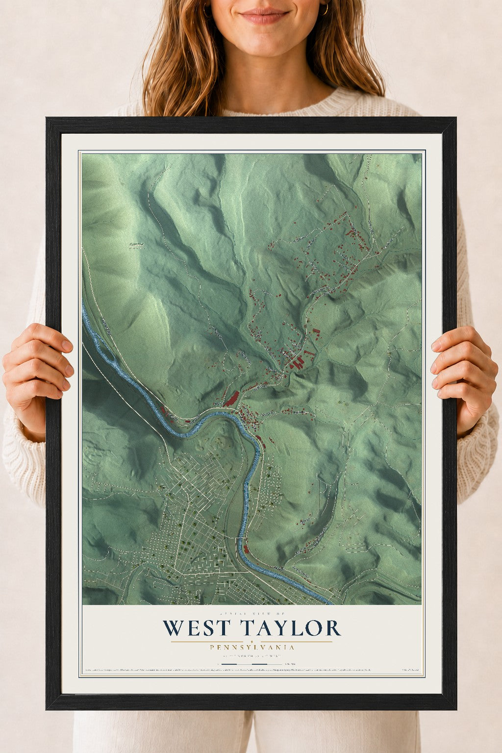 Map of West Taylor, Pennsylvania, 18 x 24 inch print in a black wood frame