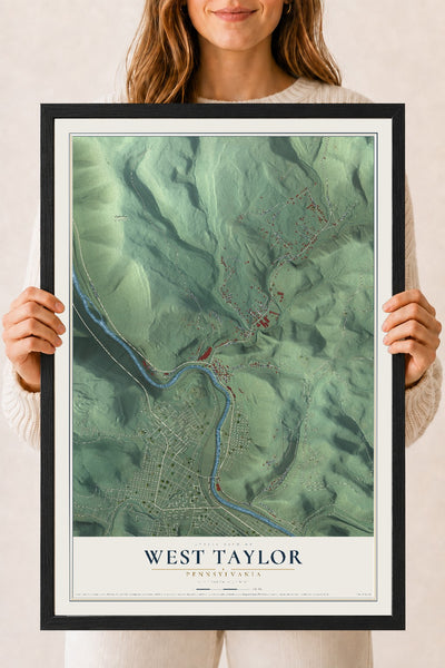 Map of West Taylor, Pennsylvania, 18 x 24 inch print in a black wood frame