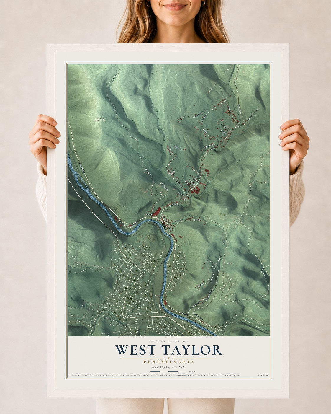 Map of West Taylor, Pennsylvania, 24 x 36 inch print in a white wood frame