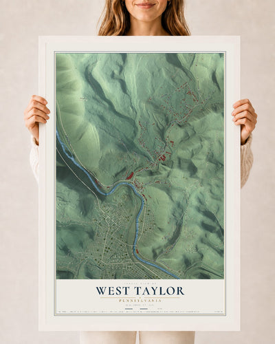 Map of West Taylor, Pennsylvania, 24 x 36 inch print in a white wood frame