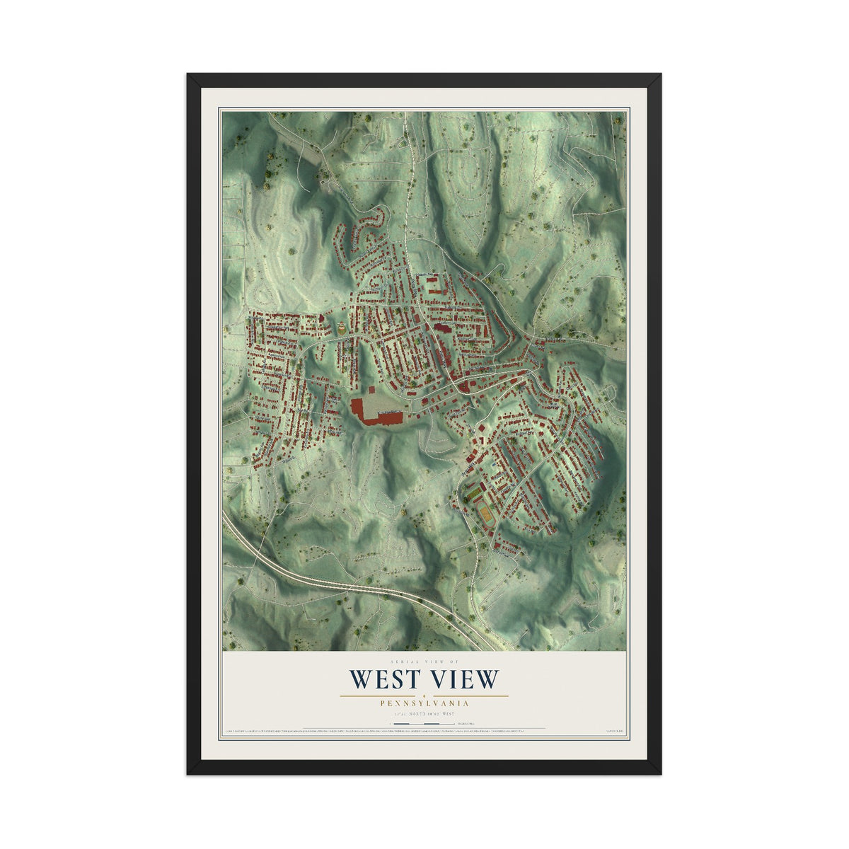Map of West View, Pennsylvania, 12 x 18 inch print in a black wood frame