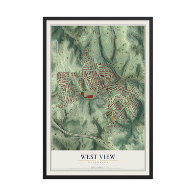 Map of West View, Pennsylvania, 12 x 18 inch print in a black wood frame