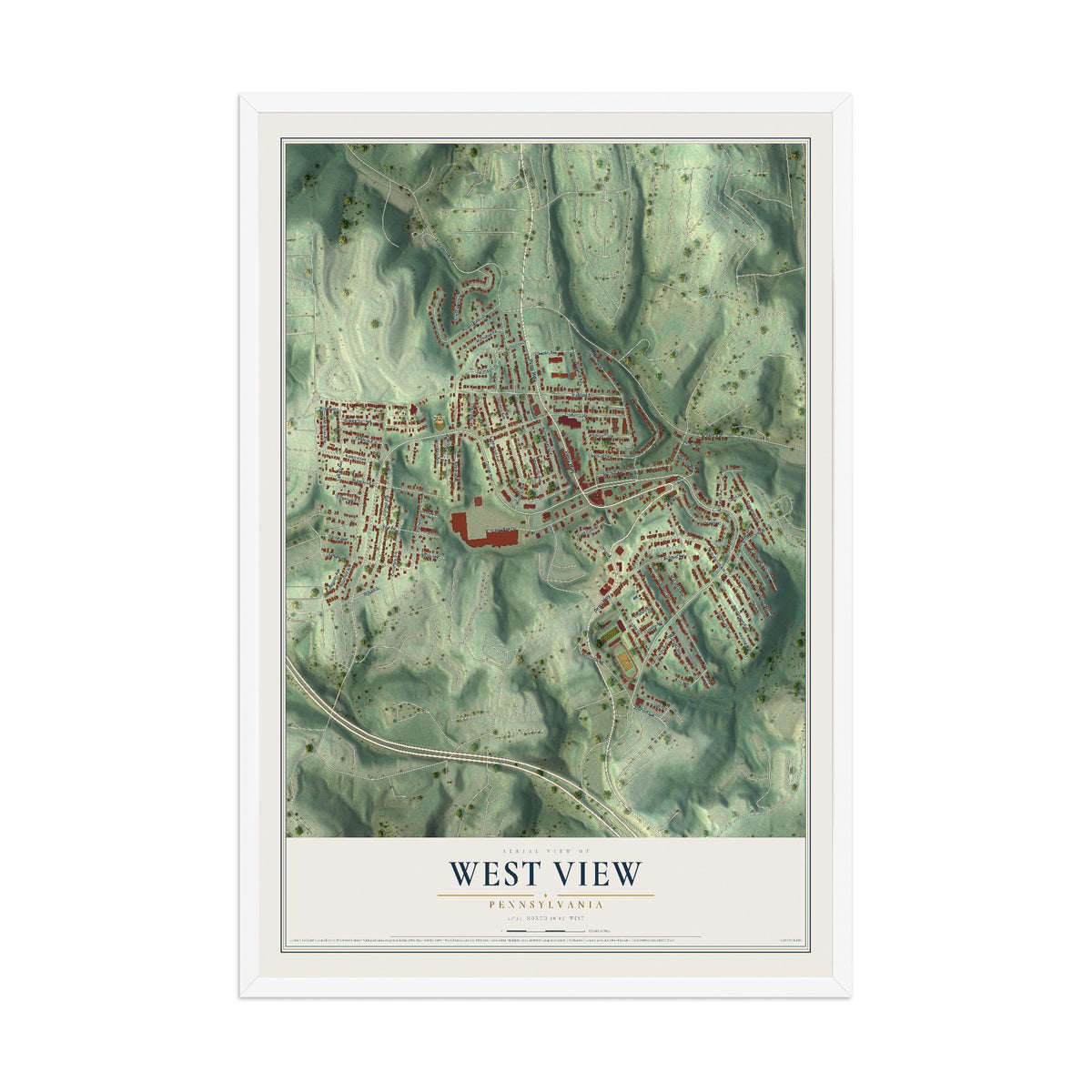 Map of West View, Pennsylvania, 12 x 18 inch print in a white wood frame