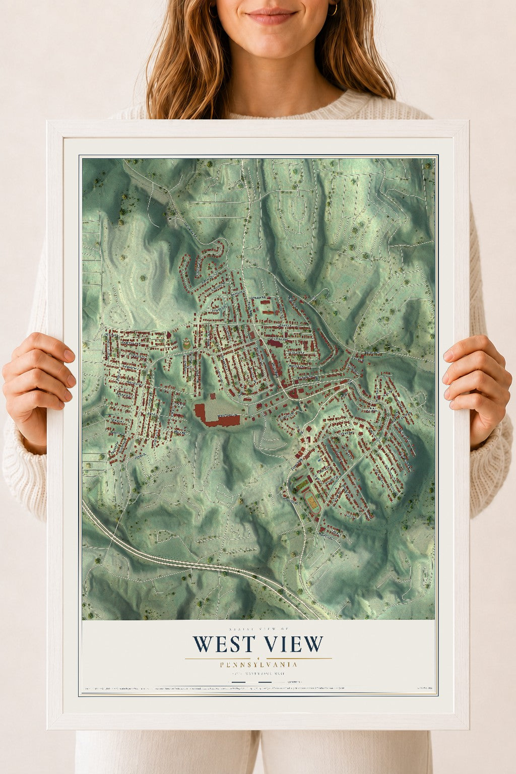 Map of West View, Pennsylvania, 18 x 24 inch print in a white wood frame