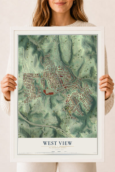 Map of West View, Pennsylvania, 18 x 24 inch print in a white wood frame