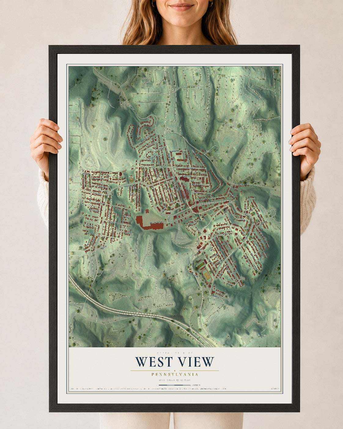 Map of West View, Pennsylvania, 24 x 36 inch print in a black wood frame